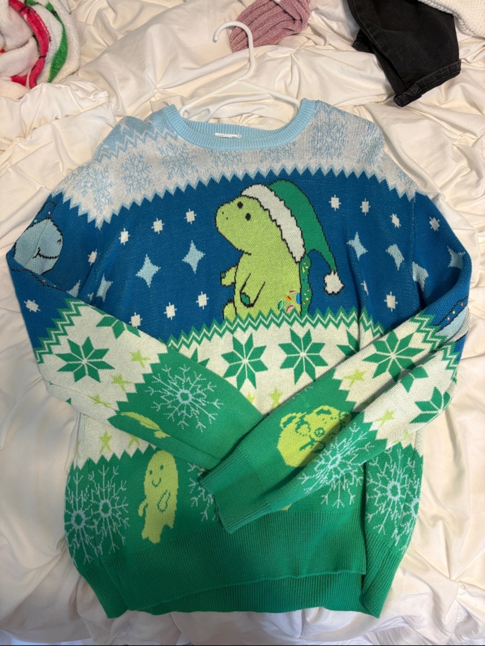 Blue & Green Holiday Crewneck Sweater with Dinosaur Motif